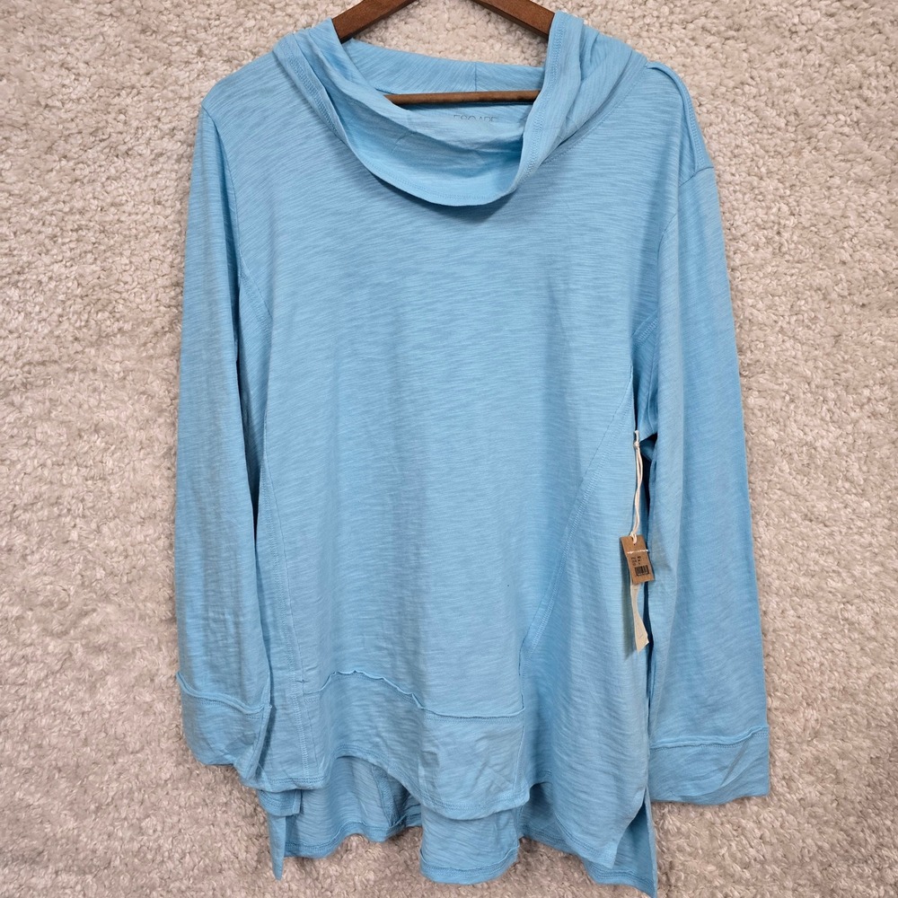 Escape by Habitat Cowl Neck Top Women XL Sky Blue Cotton Slub Knit High-Low New
